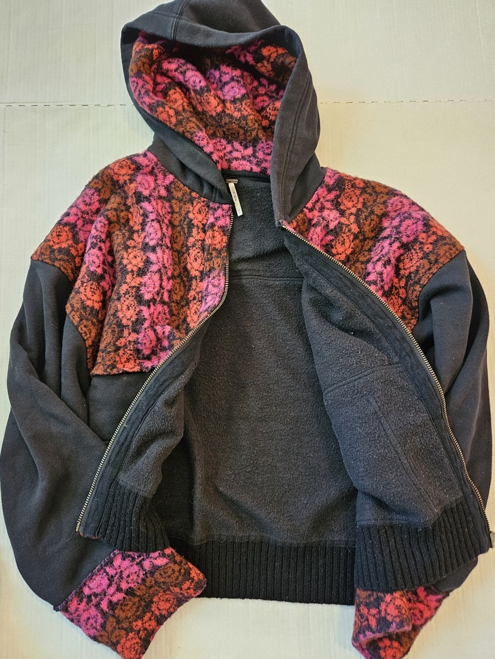 Free People Rockwell Sweater Hoodie Bomber Jacket Pink Black Floral Boho, M - Picture 6 of 15